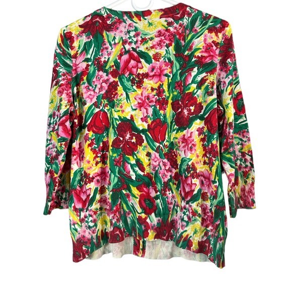Talbots Womens Sweater XP Pink Green Botanical Floral Crew 3/4 Sleeves Pullover - Picture 3 of 7